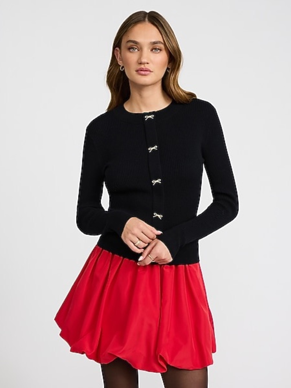 Express Gold Bow Black Ribbed Cardigan sz Small